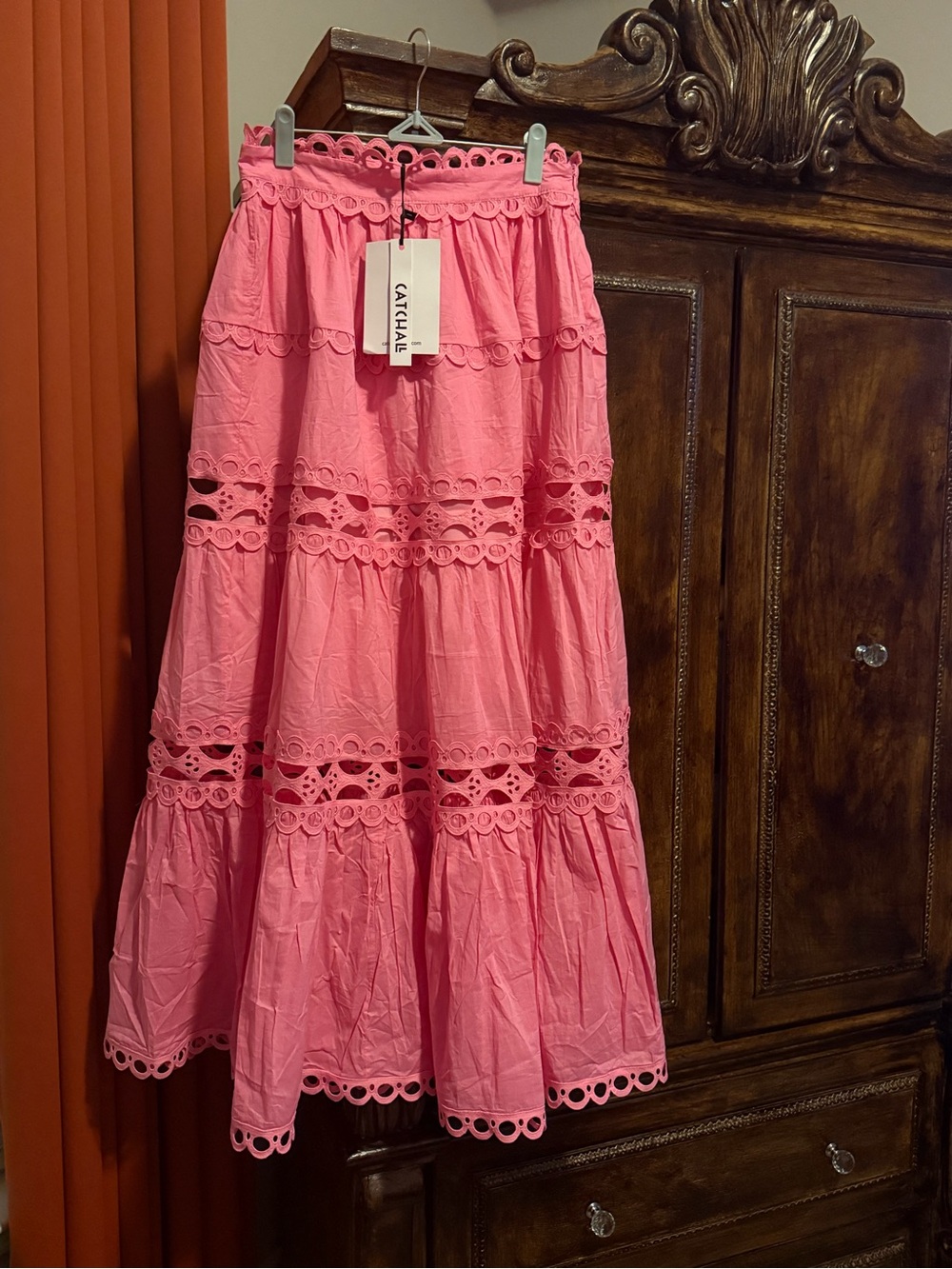 Women’s Pink Eyelet Lace Long Sleeve Maxi Jacket and Skirt Set - Picture 4 of 6